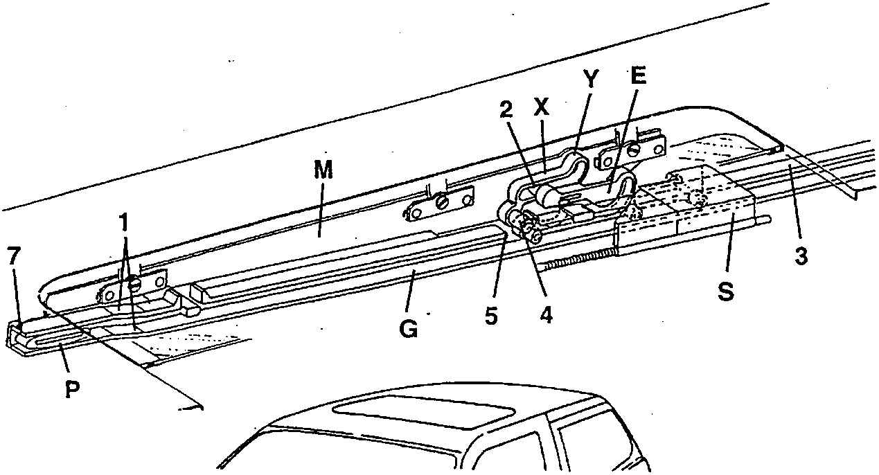 Diagram showing the roof mechanism with labeled parts including runner, sliding bracket, pantograph element, rail, guiding groove, pin, guiding space, and stop limit.
