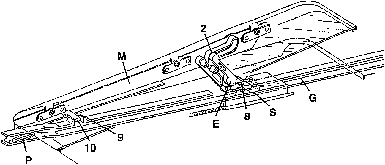 Diagram showing components in position 'b' with labels 2, M, E, G, S, 8, 9, 10, P.
