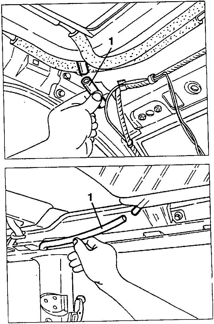 Two-step illustration: top view showing hand disconnecting hose from sunroof; bottom view showing hand pulling hose out