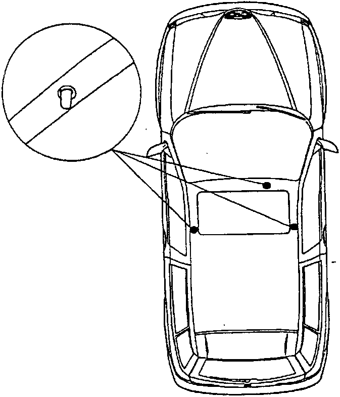Top-down view of car showing sunroof and centering pins; inset shows close-up of one pin