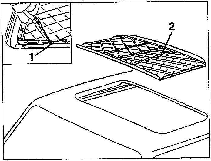 Diagram showing sliding blind being removed from the front end, labeled with '1' and '2'.