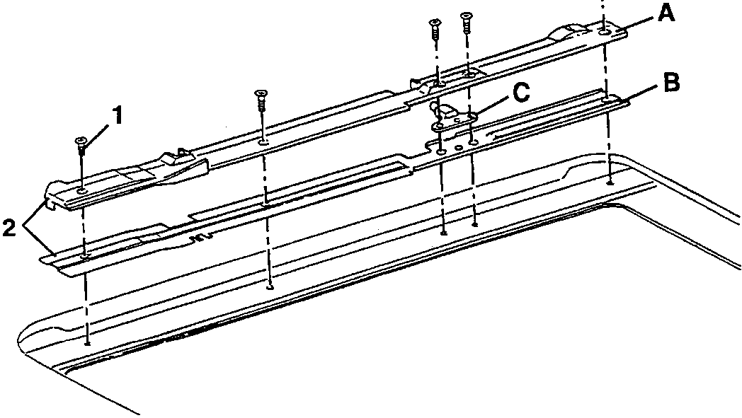 Diagram showing disassembly of a mobile water channel with labeled parts A, B, C and screws 1 and 2.