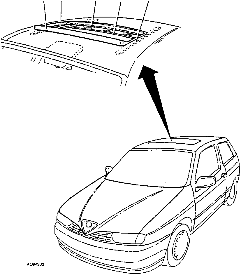 Top view of sunroof mechanism with components 1, 2, 3, 4. Side view of car showing sunroof location.