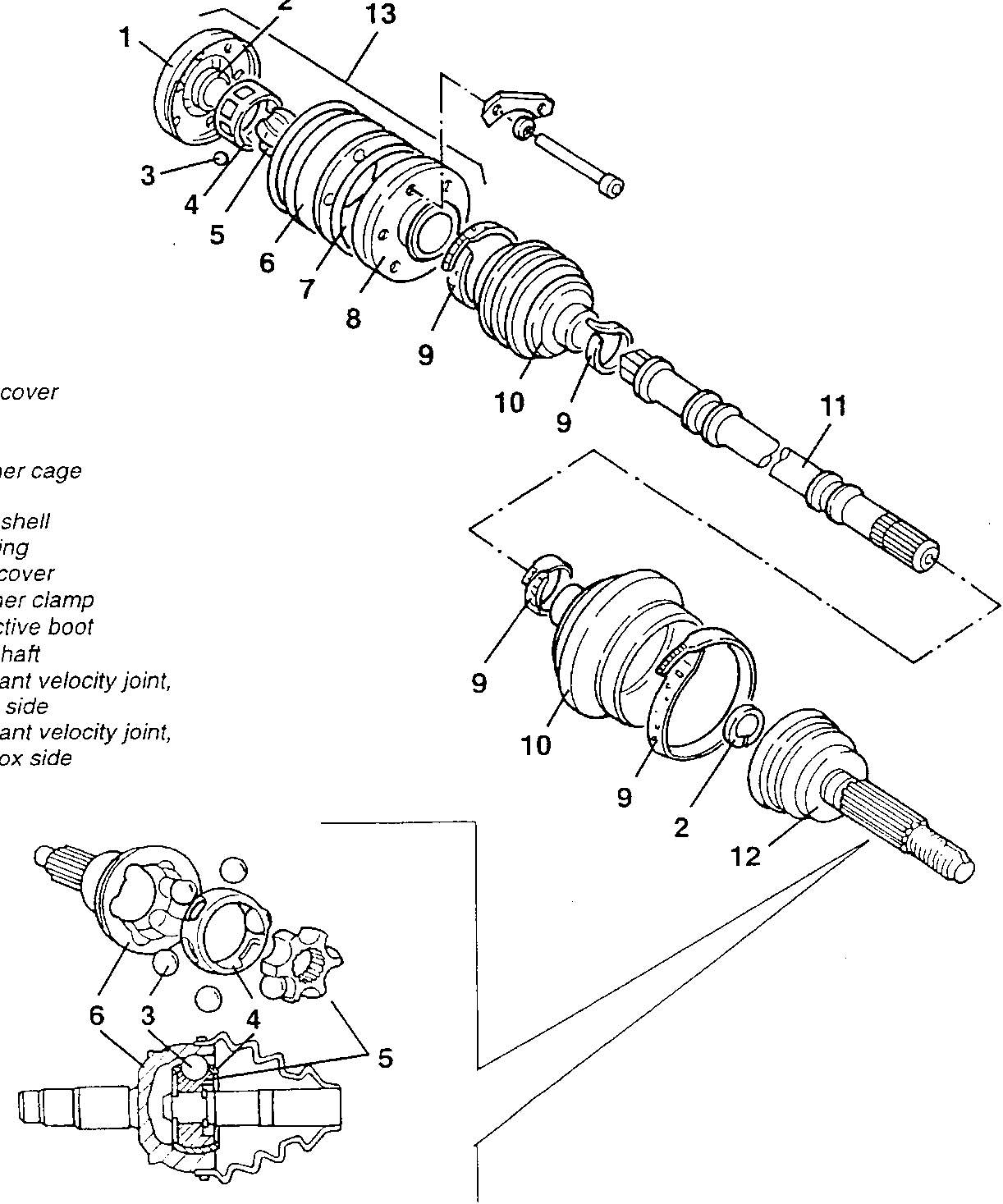 Exploded view diagram showing components of transmission half-shafts including outer cover, circlip, ball, retainer cage, core, outer shell, seal ring, inner cover, retainer clamp, protective boot, axle shaft, constant velocity joint (wheel side), and constant velocity joint (gearbox side).