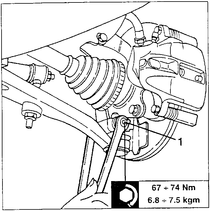 Wishbone attached to wheel hub with bolt labeled 1