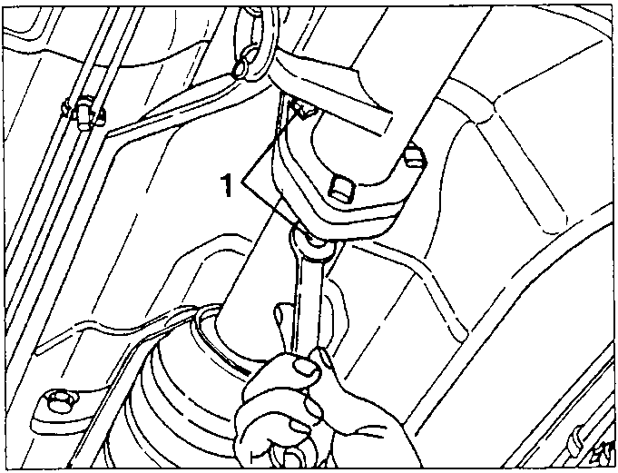 Hand using tool to slacken bolt on catalytic converter