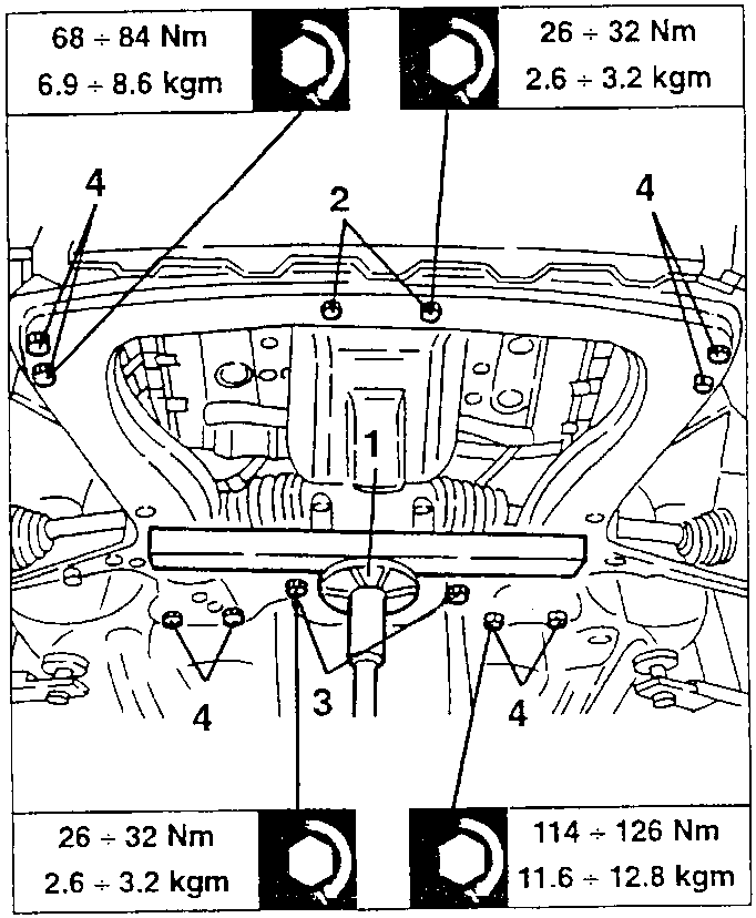 Engine mount frame with labeled parts 1, 2, 3, 4 and torque values
