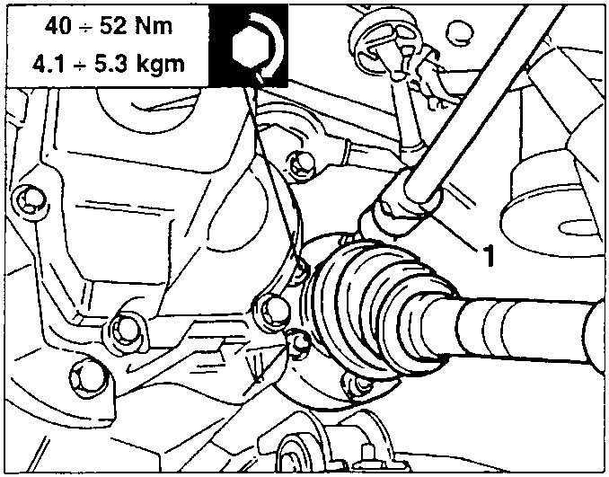 Illustration showing left axle shaft with torque specification 40 ÷ 52 Nm (4.1 ÷ 5.3 kgm)