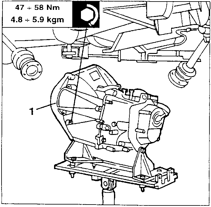 Illustration showing gearbox-differential unit being removed with torque specification 47 ÷ 58 Nm (4.8 ÷ 5.9 kgm)