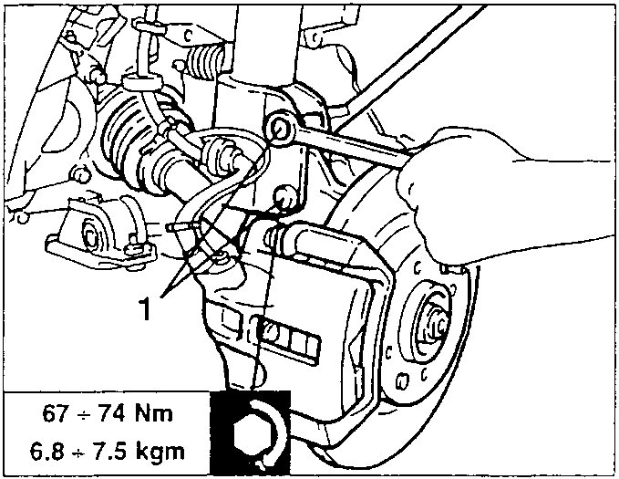 Illustration showing left upright and shock absorber with torque specification 67 ÷ 74 Nm (6.8 ÷ 7.5 kgm)