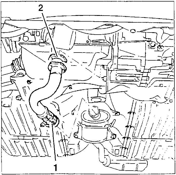 Exhaust pipe front section removal diagram showing part 1 and seal 2