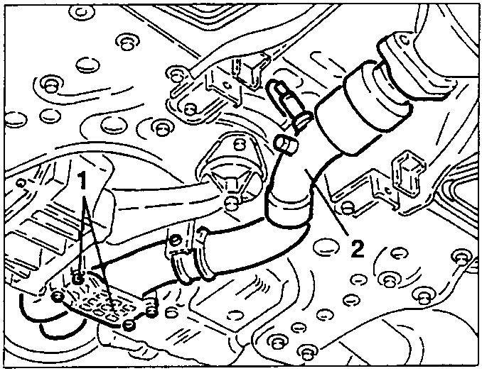 Engine bay showing exhaust pipe and wishbones; labels 1 and 2 point to components