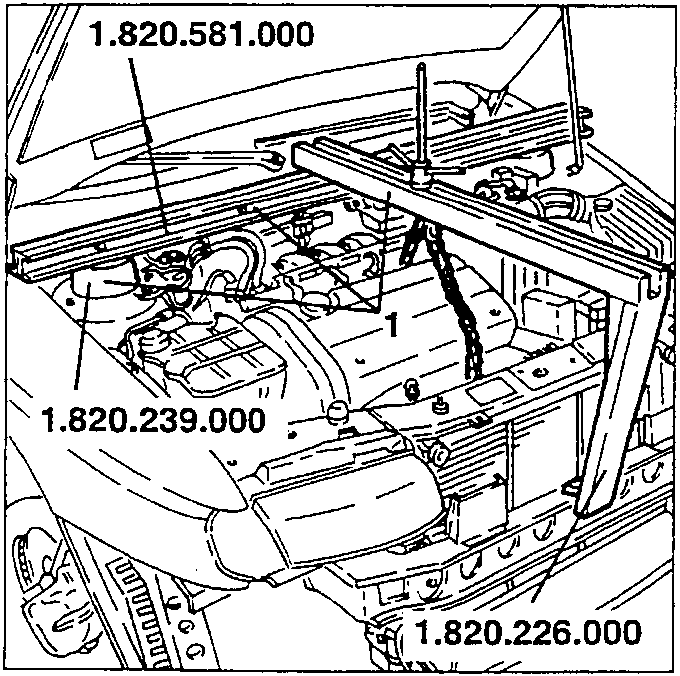 Engine bay with engine support tools labeled 1.820.581.000, 1.820.239.000, and 1.820.226.000 shown in place