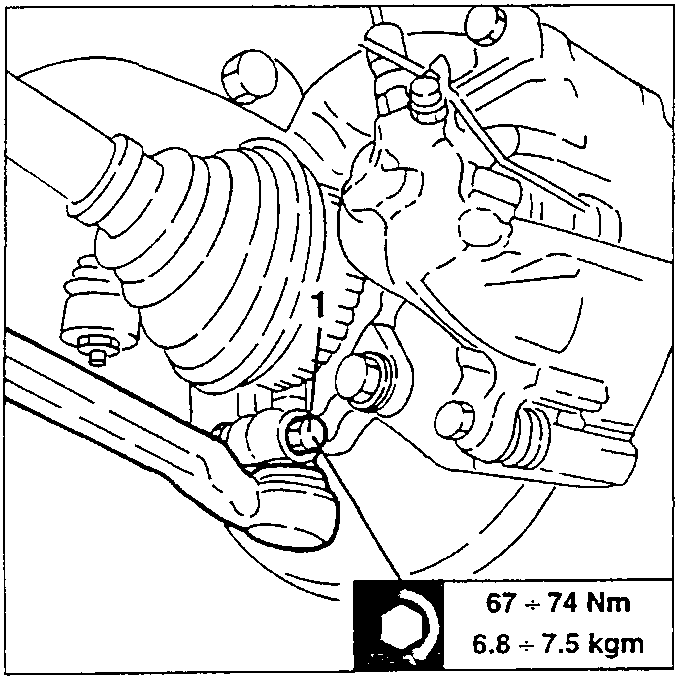 Close-up of wishbone bolt being loosened with wrench; torque specification F5 67 ÷ 74 Nm (6.8 ÷ 7.5 kgm) shown in box