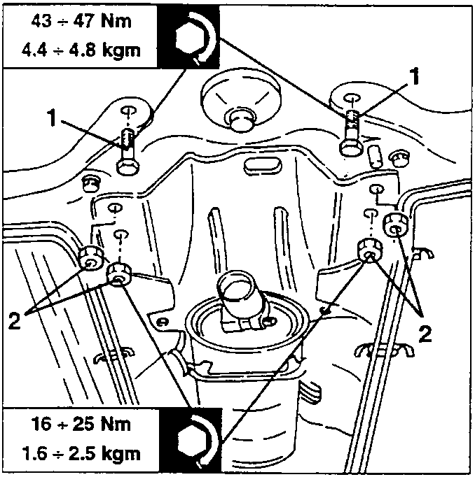 Diagram showing screws and nuts on a vehicle chassis with torque values 43 ÷ 47 Nm (4.4 ÷ 4.8 kgm) and 16 ÷ 25 Nm (1.6 ÷ 2.5 kgm).
