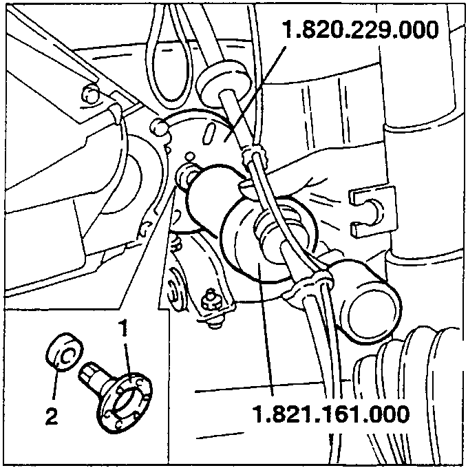 Diagram showing tools 1.820.229.000 and 1.821.161.000 being used to remove the flange from the differential.