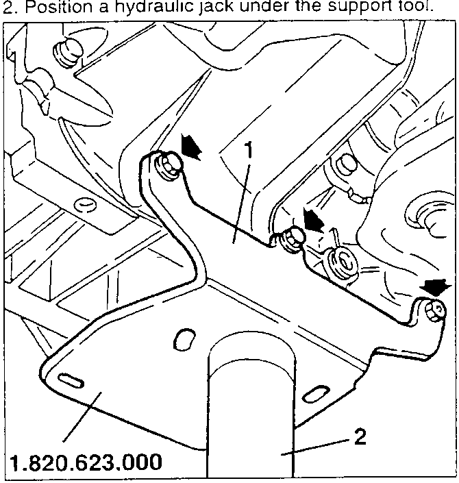 Tool 1.820.623.000 bracket positioned under gearbox with hydraulic jack