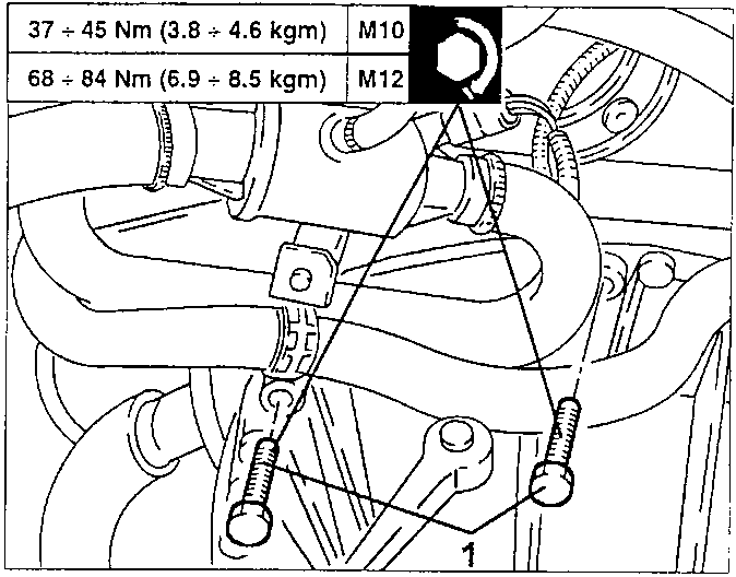 Diagram showing gearbox mounting area with upper gearbox fastening screws and torque values.