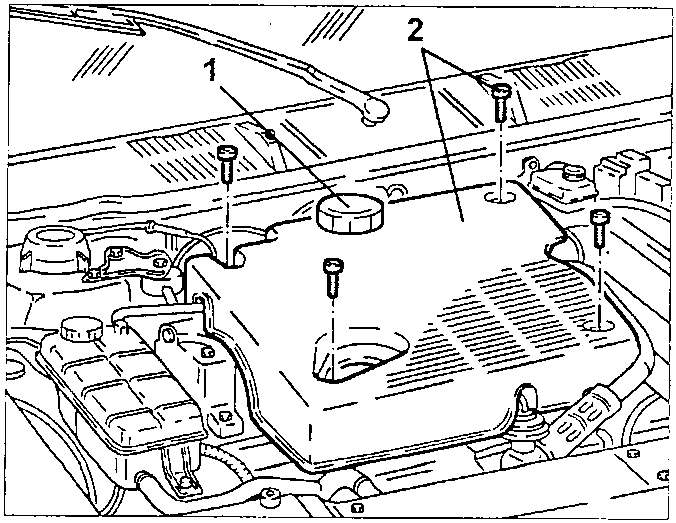 Diagram showing engine cover removal with oil filler cap and fastening screws.