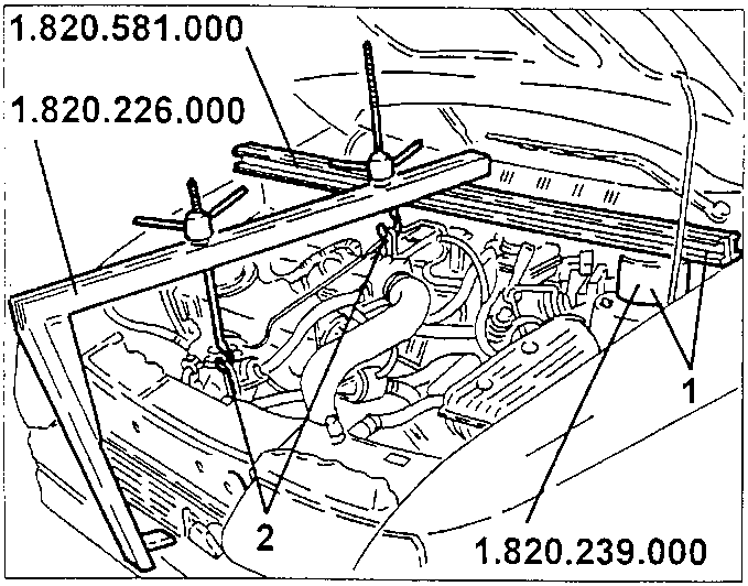 Cross rail and support installation with part numbers 1.820.581.000, 1.820.226.000, and 1.820.239.000 shown in engine bay view