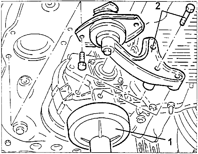 Gearbox with hydraulic jack and screws labeled 1 and 2