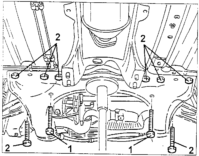 Front suspension cross rail with bolts labeled 1 and 2