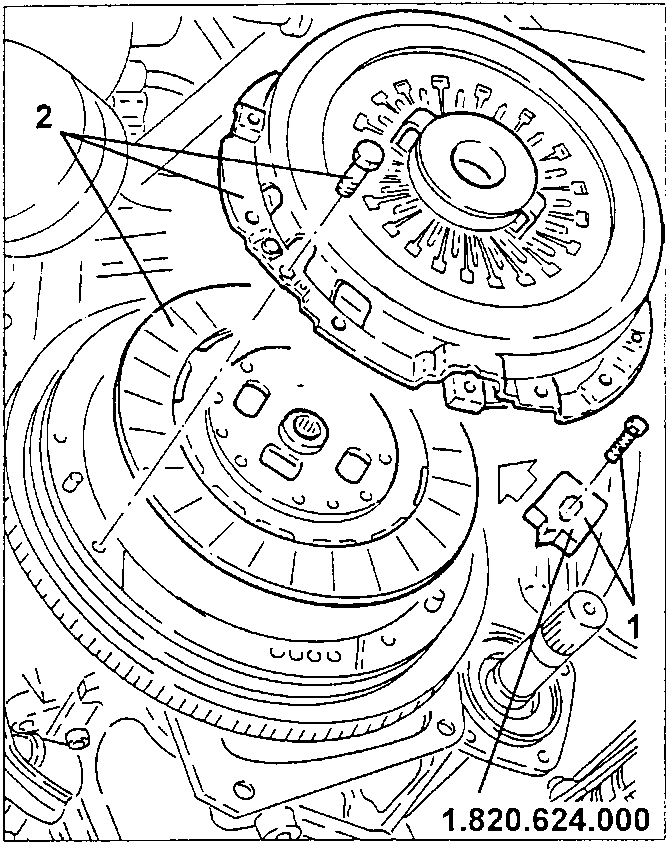Diagram showing flywheel stopper tool and clutch box removal