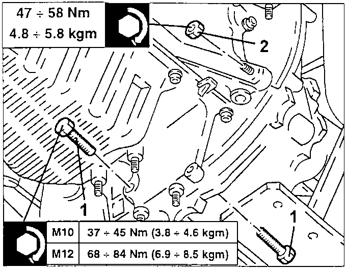 Diagram showing bolts and torque values for oil sump and gearbox mounting points