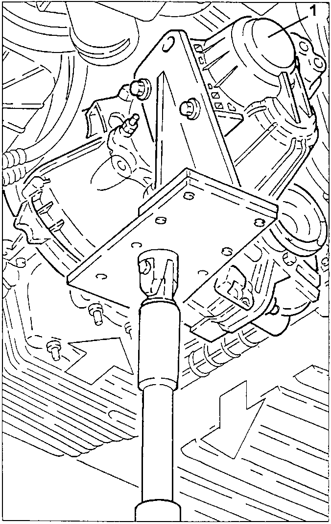 Diagram showing gearbox being lowered using a hydraulic jack