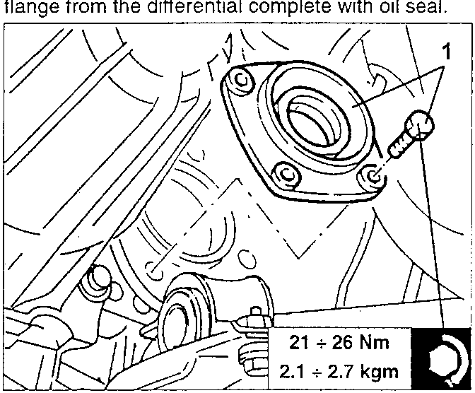 Diagram showing differential flange with oil seal and torque specification