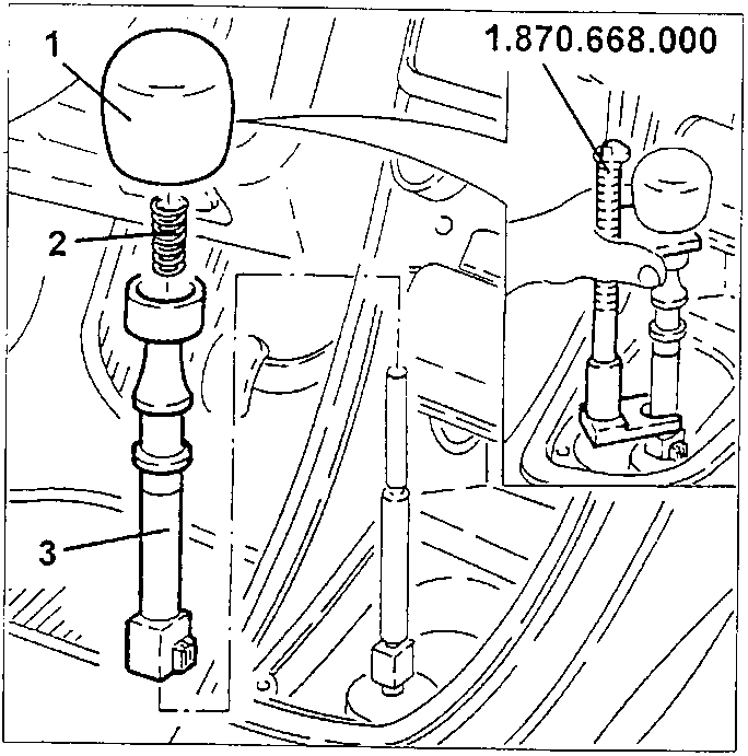 Diagram showing removal of gearshift lever components: 1. Knob, 2. Spring, 3. Reverse gear inhibitor, with tool no. 1.870.668.000 indicated