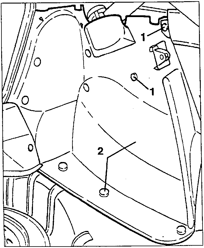 Luggage compartment side trim with screws and plastic buttons, callouts 1 and 2