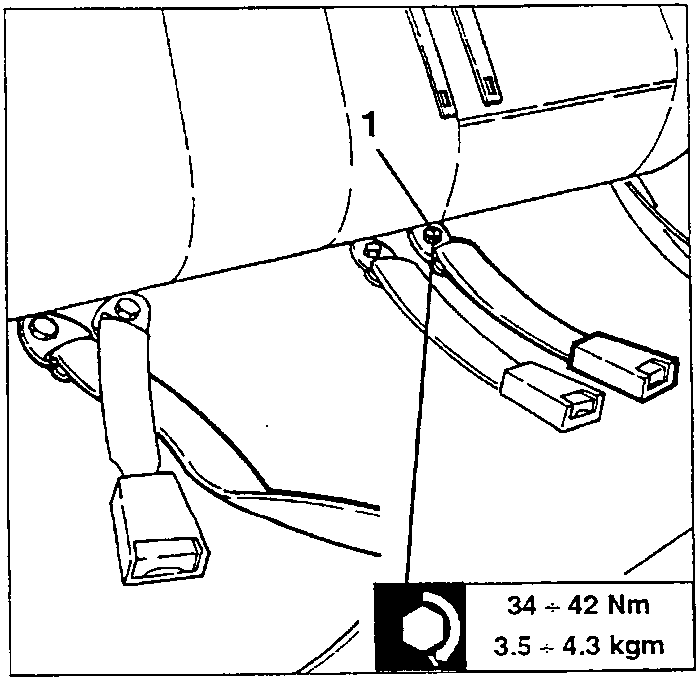 Diagram showing a lap-belt being removed from a central rear seat position.
