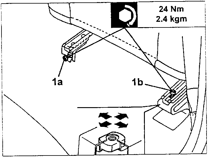Rear fixing bolts 1a and 1b with torque specification 24 Nm / 2.4 kgm