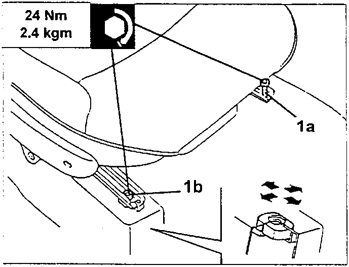 Diagram showing front seat fixing bolts 1a and 1b with torque specification F1 24 Nm 2.4 kgm
