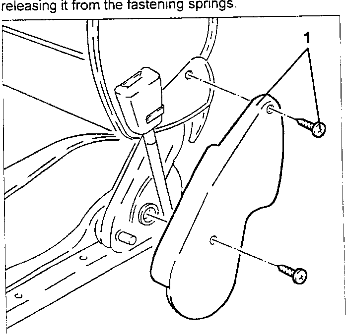 Diagram showing removal of hinge trim from front seat cushion cover