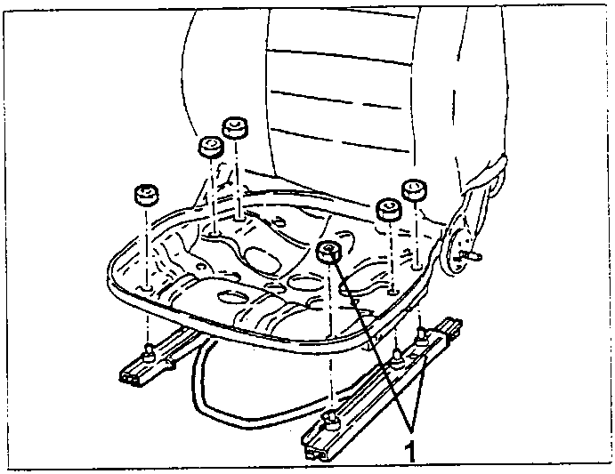 Diagram showing seat base with multiple bolts and a guide runner (labeled 1).