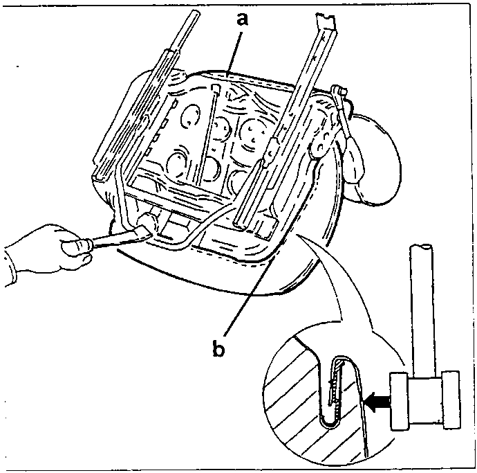 Diagram showing fitting profiles (a) and (b) on seat frame, with inset showing rubber hammer staking drip channel.