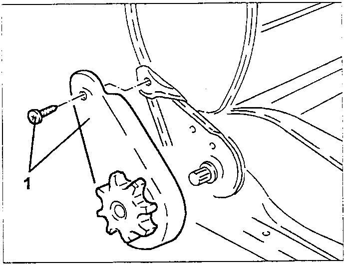 Close-up of a gear mechanism with a screw labeled 1 and a bolt labeled 2.