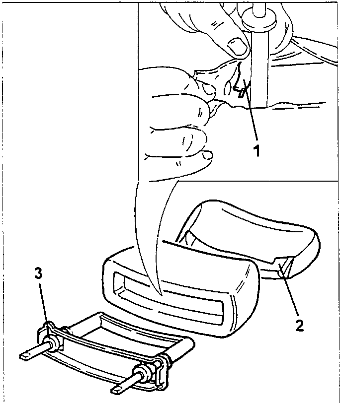 Illustration showing hands removing a pin (labeled 1) from a metal bracket (labeled 2), with a separate component labeled 3.