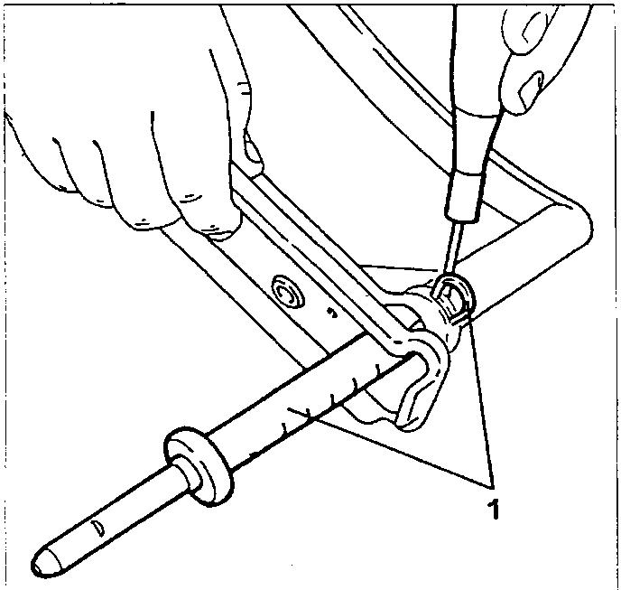 Illustration showing hands using a tool to remove a bolt (labeled 1) from a metal bracket.