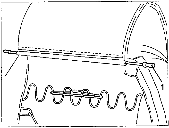 Illustration showing a coiled spring and a rod (labeled 1) attached to a metal frame.