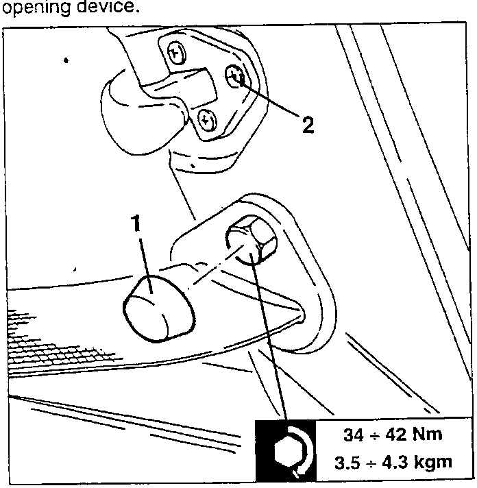 Diagram showing quarter light opening device with callout 1 pointing to a screw and callout 2 pointing to a cap. Torque specification box: 34 ÷ 42 Nm, 3.5 ÷ 4.3 kgm.