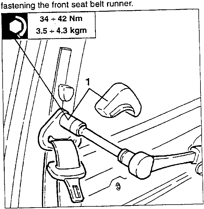 Diagram showing front seat belt runner with callout 1 pointing to a screw. Torque specification box: 34 ÷ 42 Nm, 3.5 ÷ 4.3 kgm.