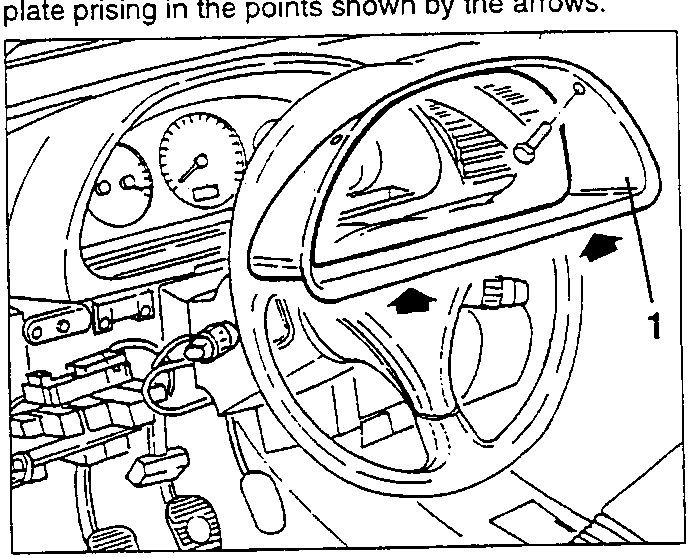 Diagram showing the steering wheel and instrument cluster area with arrows indicating where to prise out a plate.