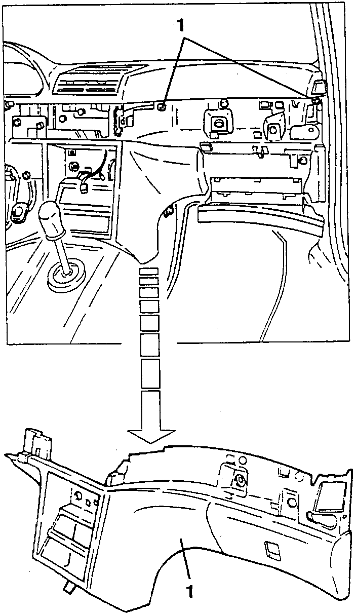 Diagram showing the removal of the lower dashboard section, with an arrow indicating downward movement.