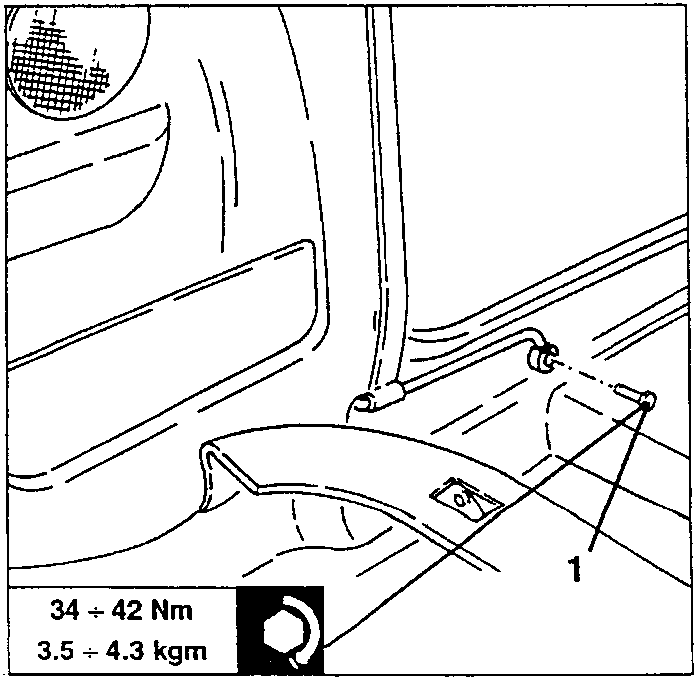 Diagram showing front seat belt sliding attachment screws with torque specification box