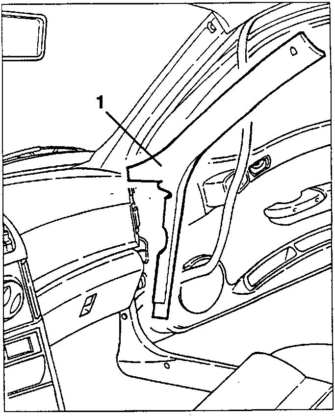 Diagram showing the front pillar trim being removed, labeled 1.