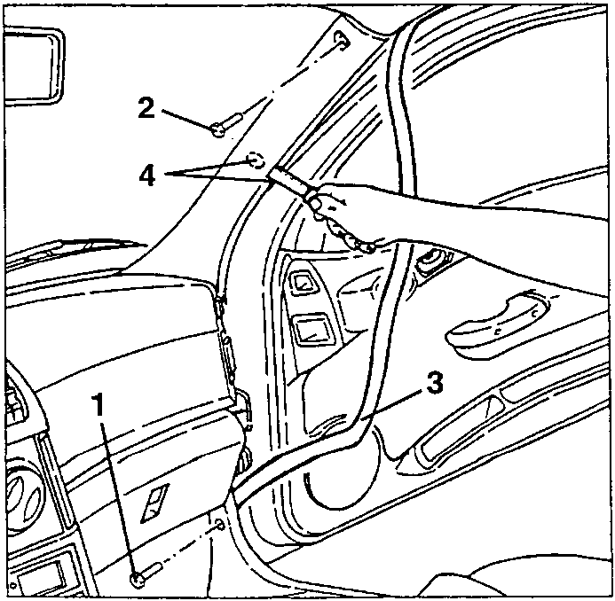 Diagram showing a hand pulling a trim piece (labeled 1) away from a pillar, with screws labeled 2 and 4, and a door seal labeled 3.