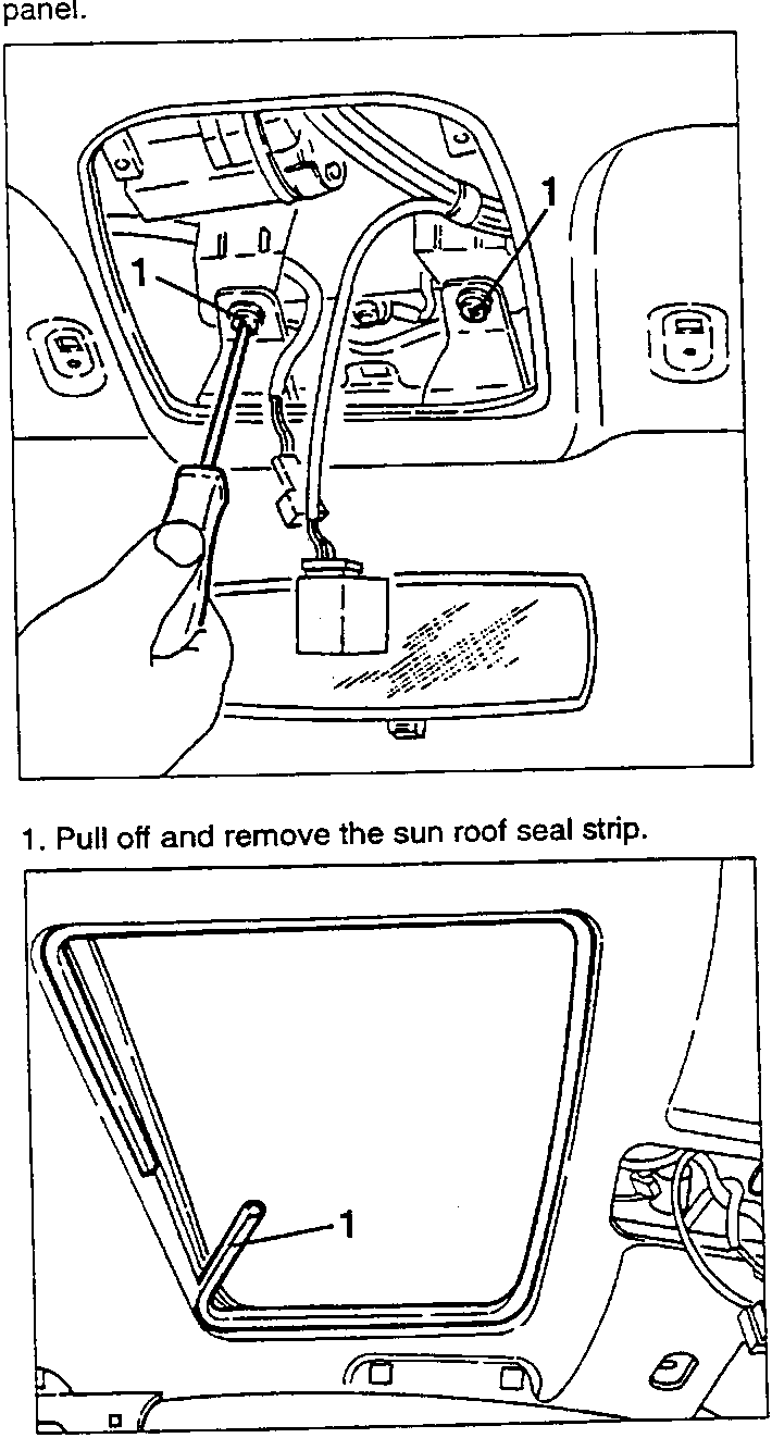 Diagram showing loosening of two front screws securing the roof panel, with label 1 pointing to a screw.